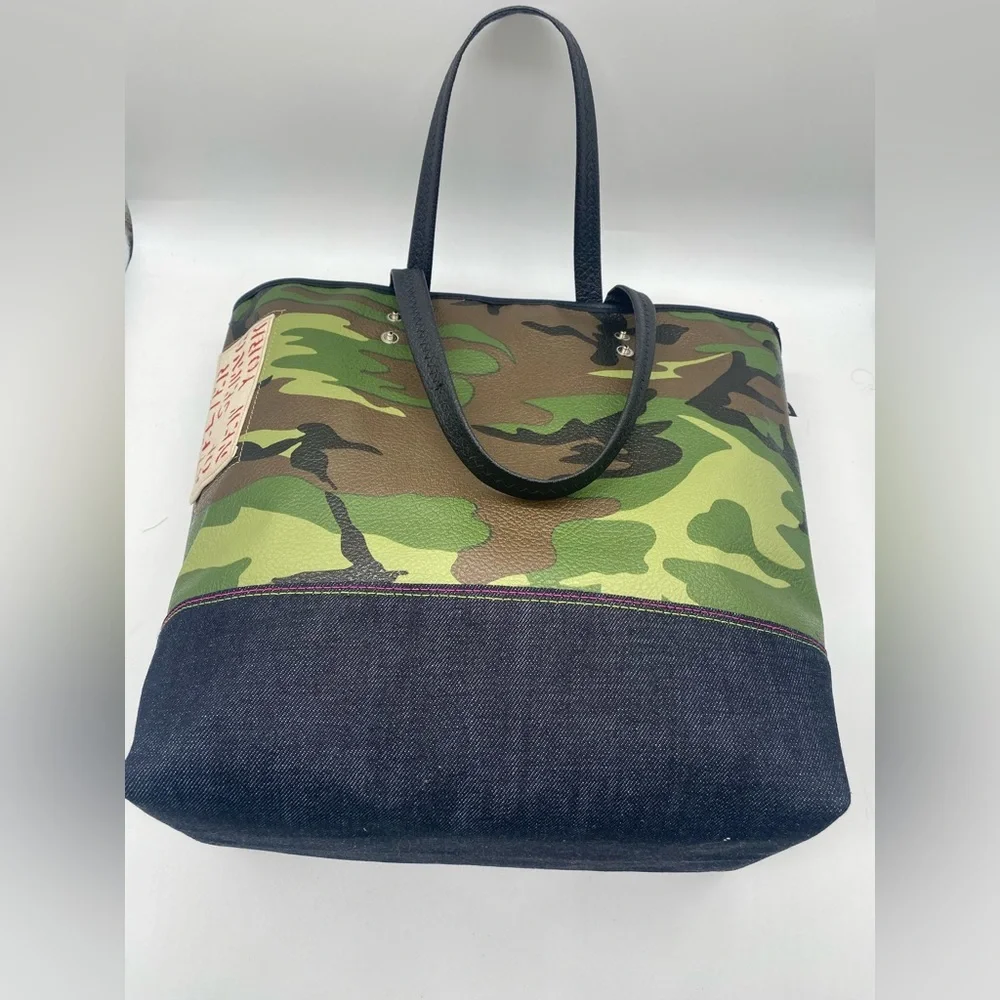 HANDMADE Unisex Camouflage Vegan Leather/ Denim Tote Bag.OS